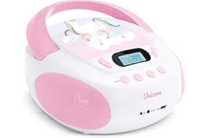 mooov 477407 CD Player für Kinder mit Lautsprechern, USB, Kopfhöreranschluss, AUX-IN-Port - Boombox CD Spieler Tragbar - Netzbetrieb oder Batterien - Modell Einhorn - Rosa/weiß
