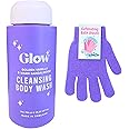Glow Cleansing Body Wash 750ml and ShopZee Exfoliating Bath Gloves Set | Gel-Based Shower and Bath Formula | Exfoliated, Hydrated, Glowing Skin | Made in the UK (Golden Vanilla & Warm Sandalwood)