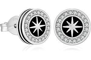 KRKC&CO S925 Silver Men's Earrings, Round Black Oynx Earrings, 8 mm, White Gold Plated Stud Earrings with Oynx Stone, Genuine 925 Sterling Silver, Allergy-Free Earrings, Gift for Men Boys