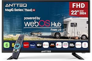 Antteq 22 Inch FHD Smart TV 12V, WebOS 12 Volt Television with AI Voice Control Remote, BBC Freeview Netflix Airplay, HDMI/USB, Small Travel Screen for Caravan Truck Boat Motorhome