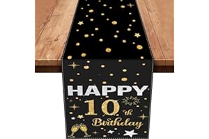 XINVERY 10.Tischläufer Geburtstag,Schwarz Gold Tischdeko 10 Geburtstag Junge Happy Birthday Tischläufer Tischdecke für 10 Geburtstag Party Dekoration 180 x 35cm