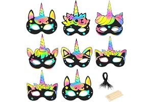 MONCAP 24 pcs Masques Licornes Masques Enfants Scratch Art Masques Licorne Masques à Gratter avec Stylet en Bois pour Fête Enfants Scolaire Activités Déguisements Anniversaire Cadeau