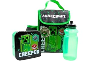 HOX Minecraft 3 Piece Kids School Lunch Bag Set Inc Multi Compartment Bento Lunch Box, 400ml Water Bottle + Insulated Lunch Carry Bag & Drinks Holder
