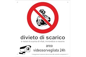 Pubblimania DIVIETO DI SCARICO AREA VIDEOSORVEGLIATA Cartello in Alluminio per esterno, metallo spessore 3 mm (Cm 29x29)