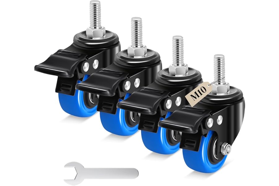 Humagineer 50 mm Castor Wheels, M10 x 1.5 x 30 mm (Shaft Diameter 9.5 mm, Shaft Length 30 mm), Load Capacity 600LB, Blue Polyurethane Caster Wheel for Furniture, Barbecues, Trolley, Transport,Set of 4