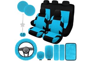 JINGSEN 17 Car Seat Cover Full Set for Women,Universal Car Seat Cover,Plush Steering Wheel Cover,Fluffy Soft Wool Handbrake Gear,Suspension Accessories Full SUV(Patterned Light Blue)