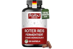 ‎RAIBU Roter Reis (Red Rice) Kapseln mit 2,96 mg Monacolin K & 50 mg Coenzym Q10 pro Kapsel - Fermentierter Roter Reis aus Monascus purpureus - Vegan, hochdosiert, laborgeprüft - 120 Stück