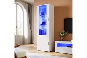 ELEGANT 187cm Tall Display Cabinet Sideboard Cupboard Unit Furniture, Carcass in Clear Acrylic/Front in White High Gloss, Multicolour LED Lights with Remote, 187x60x40cm-1 (HxWxD)