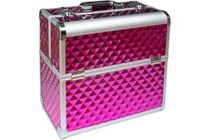 NAILS FACTORY | N&BF Profi Kosmetikkoffer groß | 35 x 22 x 36 cm | Pink Diamonds | robuster Nagelkoffer aus Aluminium | Beautycase mit viel Staurum | Aufklappbare Fächer 2 Etagen
