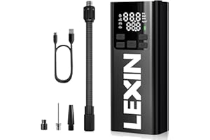 LEXIN Compressore Aria Portatile P5, 5000mAh Compressore Aria Portatile Auto, Fino a 150PSI, 5 Modalità di Gonfiaggio, Luce Led Integrata, Porta Type-C, per Auto/Bici/Moto/Scooter/Pallone, Nero