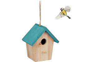 Relaxdays Casa Pájaros Decorativa Jardín, Madera, Pajarera Colgante, Decoración, Balcón, Natural y Azul, Acero, 16 x 15 x 11 cm Aprox