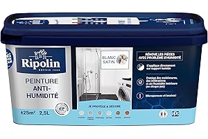 RIPOLIN - Peinture Anti-Humidité Intérieur - Haute Protection pour Murs Sujets aux Infiltrations d'Eau - Protège des Moisissures - Microporeuse & Lessivable - Satin - 2,5L - Blanc