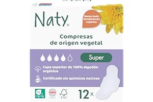 ECO BY NATY Naty Compresas Super con alas | 100% algodón orgánico certificado en contacto con la piel | Certificadas seguras | Sin perfume, 0% plástico convencional | Protección absorbente | 12 unidades