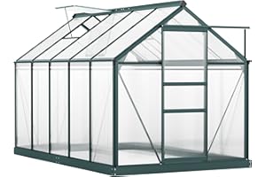 Outsunny 6 x 10ft Polycarbonate Greenhouse, Large Walk-In Green House with Slide Door and Window, Garden Plants Grow House with Aluminium Frame and Foundation, Dark Green