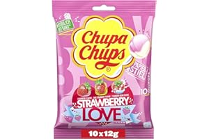 ‎CHUPA CHUPS Chupa Chups Strawberry Lover Lutscher-Beutel, Nachfüll-Beutel enthält 10 fruchtige und cremige Erdbeer-Lollis in 3 Geschmacksrichtungen, geeignet für Geburtstag, 10 x 12g