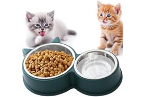KATLKIU Set Doppia Ciotola per Gatti in Acciaio Inox, Base Antiscivolo, Lavabile in Lavastoviglie – Per Cibo Secco e Umido, Design Carino a Forma di Gatto, Colori Vivaci Assortiti (Verde)