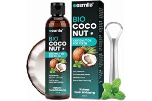 esmile Bio kokosolja mundraolja 237 ml med tungskrapa, oljedrag | Ekologisk kokosolja för oljeodling, sex ekologiska ingredienser, utan peroxid, alkohol och fluor. Rostfritt stål