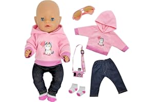 CARREUTY 5 Stück Puppenkleidung für 35-43 cm Baby Puppen, Rosa Pony Kleidung Outfits für 14-18 Zoll Baby Puppen Junge und Mädchen, 1 Pony Hoodie 1 Hose 1 Socken 1 Brillen 1 Anhänger Geschenke für Kinder