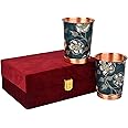 DI: Decorative India Copper Premium Green Gold Leaf Design Set of Two Glass with Elegant Gift Box, 250 ML