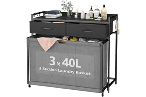 GYFIMOIE Large Laundry Basket with Wheels & 3 Compartments - 3 x 40L Laundry Sorter Bag for Washing, Dual-Drawer Laundry Storage Hamper, Ideal for Laundry Room, Bedroom, Bathroom (Grey)