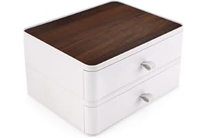 BELLE VOUS Boite Rangement Plastique Bureau Effet Bois avec 2 Tiroirs Blancs - Boite Tiroir Rangement Plastique PP - Bac Rangement Tiroir pour Fournitures, Papeterie, Crayons, Cosmétiques