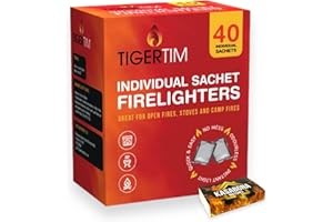 Tiger Tim Firelighters Sachets Mess Free Odourless Safe Quick Fire Starter hotspot Burners BBQ Coal Wood Burners with KasaBona Safety Matches (40 Firelighters)