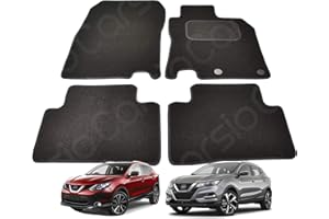 Carsio Carpet Car Mats For Nissan Qashqai 2014 to 2021 4 Piece Set With 2 Clips Tailored Fit Floor Mat Complete Accessory Black Custom Fitted - All Weather, Anti-Slip Backing & Black Trim