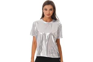 FEESHOW Dam metallisk skjorta topp glänsande holografisk t-shirt topp kortärmad/långärmad karneval party klubbkläder silver/g
