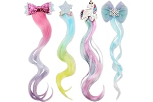 HIFOT 4PCS épingle à Cheveux Boucles Postiche Cheveux, Perruque Enfant Fille Tressé Cheveux, Licorne Princesse étoile Arc Accessoire Cheveux, Dressup Party