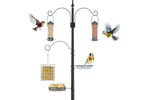 HOMETRIC Bird Feeding Station for Garden – Heavy Duty Freestanding Bird Feeder Pole with 3 Hanging Hooks, 2 Trays, Bird Bath & Seed Dish – Outdoor Bird Feeders for Small Birds, Hanging Feeders & Accessories