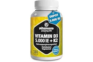 Vitamaze® Vitamin D3 K2 hochdosiert (1+ Jahre) 5000 IE Vitamin D3 + 100 mcg Vitamin K2 MK7 All Trans, 180 Tabletten Vitamin D