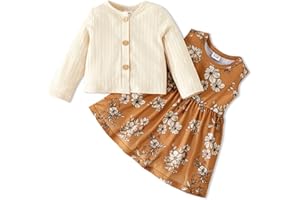 PATPAT Baby Girls Dress and Cardigan Sets 2 PCS Baby Girl Floral Print Dress and Long Sleeve Cardigan Set