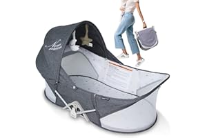 BEBEROAD Tente de lit de Voyage Facile à Plier, Portable, Système de Sécurité en T à Deux Points, avec Moustiquaire, Jouet, Canopy Soleil, Matelas et Sac, Berceau Bébé, Gris Foncé