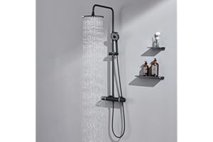 Auralum Columna Ducha Termostatica, Columna Ducha Negra Altura Regulable, Grifo Ducha Termostatico con Ducha de Mano 3 Modos