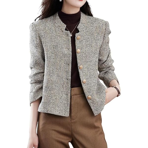 Blazer Court Femme En Tweed - Col Rond, Coupe Vintage - Veste De Bureau Élégante Pour Le Printemps
