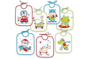 Ti TIN Pack de baberos bebé impermeables con rizo de algodón plastificado, forro de vinilo y cierre con cintas. Suaves, absorbentes y fáciles de lavar. Diseños divertidos, aptos 0-6 meses