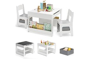 Xbro barnbord med 2 stolar, 4-i-1 barnmålningsbord med förvaring, multifunktionell barnstol i trä med bokhylla, för barn från 3 år, 61,5 x 61,5 x 48 cm