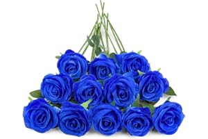 Hywean Homd 12 Pcs Blue Artificial Roses, Single Stem Fake Rose for Flowers Bridal Bouquet Arrangements Home Office Party Decoration