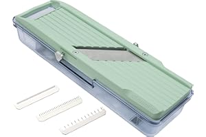 Benriner BN-3GR Mandoline japonaise à main avec 3 lames interchangeables en acier inoxydable - Coupe-légumes et fruits - Vert - Plateau récupérateur