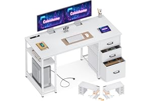 ‎COLESHOME Coleshome Schreibtisch mit Stoff 3 Schubladen, 130x48cm Computertisch mit 2 Steckdosen Und 2 USB Ladeanschluss, PC Tisch mit Regal Reversible Bürotisch für Büro, Wohnzimmer, Weiß