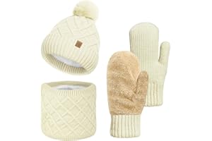 Bseical Mütze Schal Handschuhe Set Damen Winter Warme Wintermütze mit Bommel & Weiches Fleecefutter, Loop Schal Schlauchschal Winterschal Winterhandschuhe für Weihnachten Geschenk für Frauen 3in1 Set