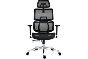 ‎TONFARY Tonfary Ergonomiczny fotel biurowy, oddychające, wysokie i odchylane oparcie, siatkowe podparcie lędźwiowe, regulowane podłokietniki i zagłówek, duży, koła obrotowe 360°, do 150 kg, czarny jednolity