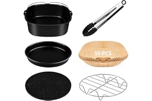 I-MOGOO Set di 6 accessori per friggitrice, con secchio quadrato da torta/piastra quadrata per pizza/supporto in metallo/struttura multiuso con spiedini/tappetino in silicone, adatto per tutte le marche più