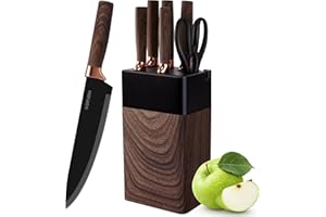lapelux Knife Set,6 Piece Kitchen Knife Set-Kitchen Knives with Block, Wood Grain Handle, Stainless Steel Knivese with Chef, Bread Knife,for Cutting Meat/Vegetables/Fruit.