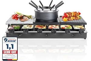 ‎LIVOO FEEL GOOD MOMENTS Raclette Fondue Kombi 12 Personen - Tischgrill Elektrisch mit Grillplatte und Heißer Stein - Elektrogrill Starke 1650 Watt - 12 Pfännchen Antihaftbeschichtung - 3in1 Party Grill mit Crepes Maker