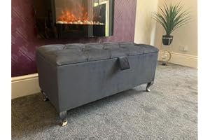 SK LUXURY LIVING Ottoman Storage Box - Engineered Wood Fabric Buttons Luxurious Plush Velvet Ottoman Storage Bench, Perfectly Designed Ottoman for Bedroom Storage (Steel Plush, Legs)