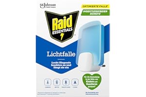 Raid Essentials Piège Lumineux LED pour Mouches, Mouches à Fruits et Mites, Protection 24/7, sans Insecticide, adapté à la Famille, sans Odeur et sans résidus, pour l'intérieur, 1 piège Lumineux et 1
