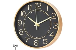 ‎HZDHCLH HZDHCLH Kinder Wanduhr Funk-Wanduhr, 25cm Wanduhr Kinder Lautlos Funkuhr,Zeit Automatische Umstellung,Geeignet für Wohnzimmer Küche Büro (schwarzes Gold)