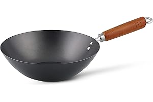 Ken Hom Wok Acier au Carbone, 27cm, Classic, Léger avec revêtement anti-adhésif double couche et manche en bois, Ne passe pas au lave-vaisselle, Garantie de 2 ans, KH327001