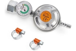 BFG Riduttore di Gas Propano per Fornelli da Campeggio e Barbecue, Kit, 37mbar, 1,5 kg/h, per Bombola con Filettatura 21,8 x 1,14 L, Tubo del Gas da 9-10mm, 2 Fascette Stringitubo, EN16129